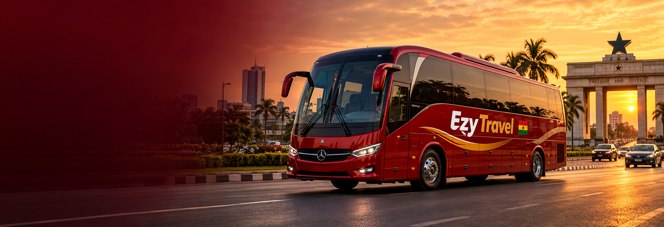 Luxury Ezy Travel coach traveling through Accra at golden hour